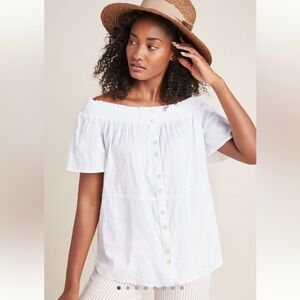 Anthropologie Lucille Off the Shoulder White Smocked Buttoned Blouse - Large